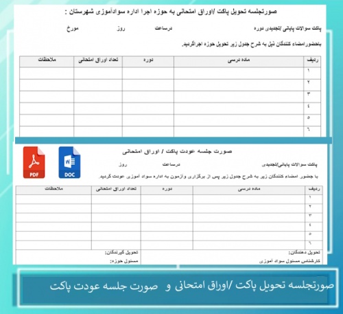 صورتجلسه تحویل پاکت اوراق امتحانی و عودت پاکت اوراق امتحانی به حوزه اجرا اداره سوادآموزی 