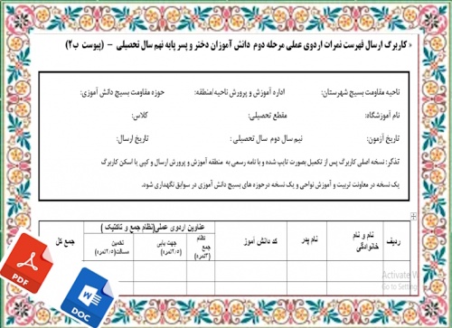 كاربرگ ارسال فهرست نمرات اردوی عملی مرحله دوم  آمادگی دفاعی دانش آموزان دختر و پسر پایه نهم 