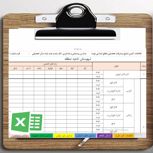 فرم اکسل اطلاعات آماری نتایج پیشرفت تحصیلی مقطع ابتدایی مدارس شهری شاهد هیئت امنایی غیردولتی  روستایی و عشایری تک پایه و چند پایه سال تحصیلی